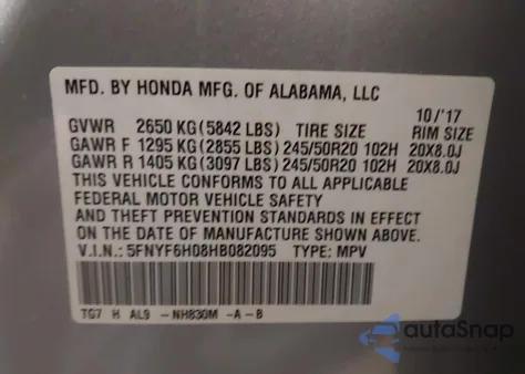 2017 Honda Pilot Elite из США, поврежденный, VIN 5FNYF6H08HB082095